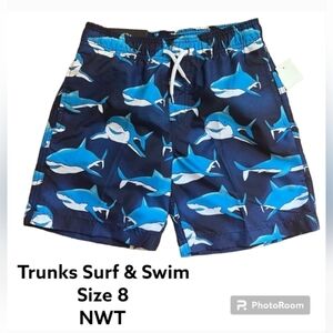 New Blue Shark Print Swim Shorts, Size Medium, Size 8 Boys